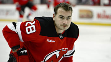 Nov 10, 2024; Newark, New Jersey, USA; New Jersey Devils right wing Timo Meier (28) before a game against the San Jose Sharks at Prudential Center. Mandatory Credit: John Jones-Imagn Images