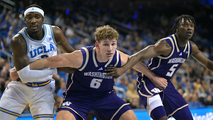 Feb 7, 2026; Los Angeles, California, USA;  UCLA Bruins guard Eric Dailey Jr. (3), Washington Huskies forward Hannes Steinbach (6) and guard Zoom Diallo (5) look for a rebound the first half at Pauley Pavilion presented by Wescom Financial. Mandatory Credit: Jayne Kamin-Oncea-Imagn Images