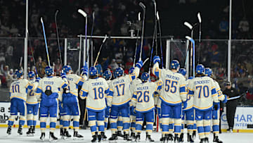 Dec 31, 2024; Chicago, Illinois, USA; The St. Louis Blues thank fans after the Winter Classic against the Chicago Blackhawks at Wrigley Field. Mandatory Credit: Daniel Bartel-Imagn Images