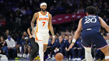 Nov 30, 2025; Philadelphia, Pennsylvania, USA; Atlanta Hawks guard Nickeil Alexander-Walker (7) controls the ball against the Philadelphia 76ers in the second quarter at Xfinity Mobile Arena. Mandatory Credit: Kyle Ross-Imagn Images