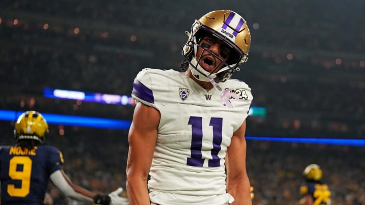 Jan 8, 2024; Houston, TX, USA; Washington Huskies wide receiver Jalen McMillan (11) reacts after a pass interference call  during the second quarter against the Michigan Wolverines in the 2024 College Football Playoff national championship game at NRG Stadium. Mandatory Credit: Kirby Lee-USA TODAY Sports