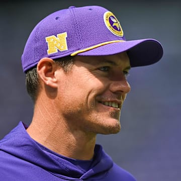 Aug 10, 2024; Minneapolis, Minnesota, USA; Minnesota Vikings head coach Kevin O'Connell looks on before the game against the Las Vegas Raiders at U.S. Bank Stadium.