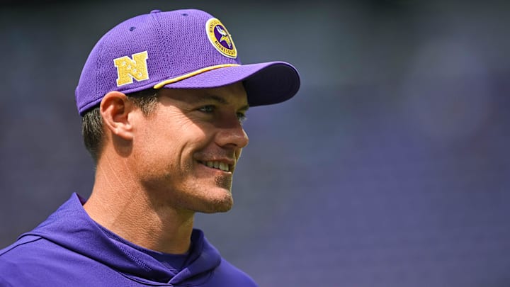 Aug 10, 2024; Minneapolis, Minnesota, USA; Minnesota Vikings head coach Kevin O'Connell looks on before the game against the Las Vegas Raiders at U.S. Bank Stadium.