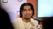 Apr 1, 2024; Houston, TX, USA; McDonald's All American West guard Dylan Harper speaks during a press conference at JW Marriott Houston by The Galleria. Mandatory Credit: Maria Lysaker-USA TODAY Sports