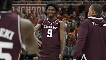 Jan 25, 2025; Austin, Texas, USA; Texas A&M Aggies forward Solomon Washington (9) is introduced as a starter before the game against the Texas Longhorns at Moody Center. Mandatory Credit: Scott Wachter-Imagn Images