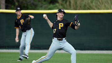 Feb 12, 2025; Bradenton, FL, USA;  Pittsburgh Pirates pitcher Bubba Chandler and pitcher Mitch Keller (23) during spring training works out at Pirate City. Mandatory Credit: Kim Klement Neitzel-Imagn Images