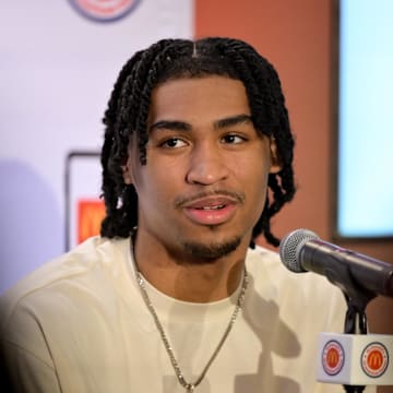 Apr 1, 2024; Houston, TX, USA; McDonald's All American West guard Dylan Harper speaks during a press conference at JW Marriott Houston by The Galleria. Mandatory Credit: Maria Lysaker-Imagn Images