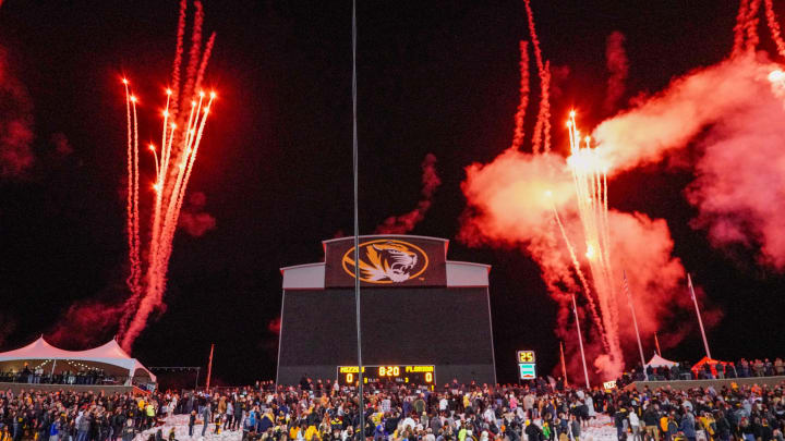 Nov 18, 2023; Columbia, Missouri, USA; A general view of fireworks being set off prior to a game between the Missouri Tigers and Florida Gators at Faurot Field at Memorial Stadium.