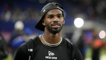 Mar 1, 2025; Indianapolis, IN, USA; Colorado quarterback Shadeur Sanders (QB13) during the 2025 NFL Combine at Lucas Oil Stadium. Mandatory Credit: Kirby Lee-Imagn Images