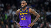 Dec 2, 2024; Minneapolis, Minnesota, USA; Los Angeles Lakers forward LeBron James (23) against the Minnesota Timberwolves in the first quarter at Target Center. Mandatory Credit: Brad Rempel-Imagn Images