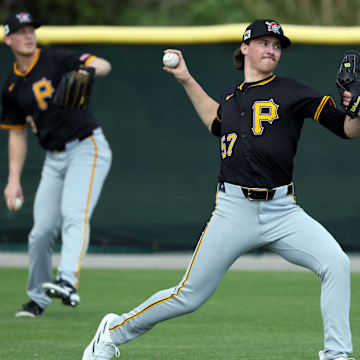 Feb 12, 2025; Bradenton, FL, USA;  Pittsburgh Pirates pitcher Bubba Chandler and pitcher Mitch Keller (23) during spring training works out at Pirate City. Mandatory Credit: Kim Klement Neitzel-Imagn Images