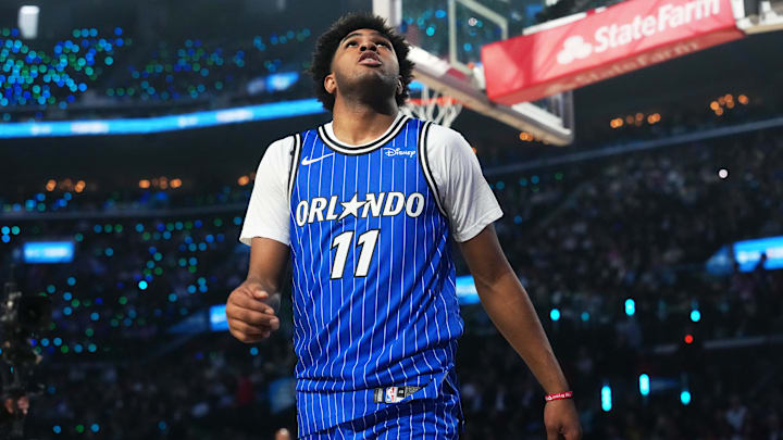 Feb 14, 2026; Los Angeles, CA, USA; Orlando Magic guard Jase Richardson (11) competes in the slam dunk contest during the 2026 NBA All Star Saturday Night at Intuit Dome. Mandatory Credit: Kirby Lee-Imagn Images