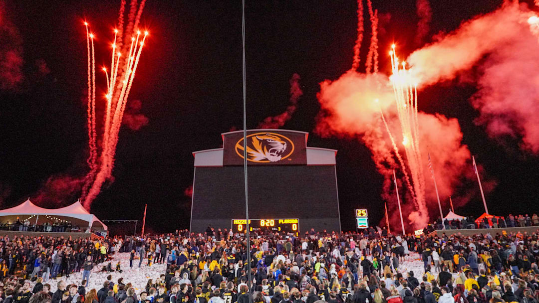 Nov 18, 2023; Columbia, Missouri, USA; A general view of fireworks being set off prior to a game between the Missouri Tigers and Florida Gators at Faurot Field at Memorial Stadium.