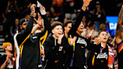 Nov 13, 2025; Phoenix, Arizona, USA; The Phoenix Suns bench react during the second half of the game at Mortgage Matchup Center. Mandatory Credit: Arianna Grainey-Imagn Images