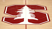 Dec 18, 2022; Stanford, California, USA; A view of the Stanford Cardinal logo at center court before the game against the Tennessee Lady Vols at Maples Pavilion. Mandatory Credit: Darren Yamashita-Imagn Images