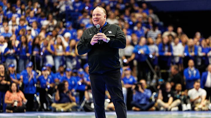 Oct 11, 2024; Lexington, KY, USA; Kentucky Wildcats football head coach Mark Stoops talks to the fans during Big Blue Madness at Rupp Arena at Central Bank Center. Mandatory Credit: Jordan Prather-Imagn Images