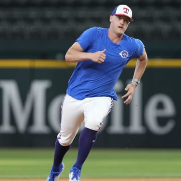 Jun 23, 2024; Arlington, Texas, USA; Texas Rangers third baseman Josh Jung runs the bases before a game against the Kansas City Royals at Globe Life Field. 