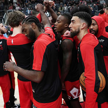Jan 31, 2025; Toronto, Ontario, CAN: The Chicago Bulls players huddle before the start of a game against the Toronto Raptors at Scotiabank Arena. Mandatory Credit: Nick Turchiaro-Imagn Images