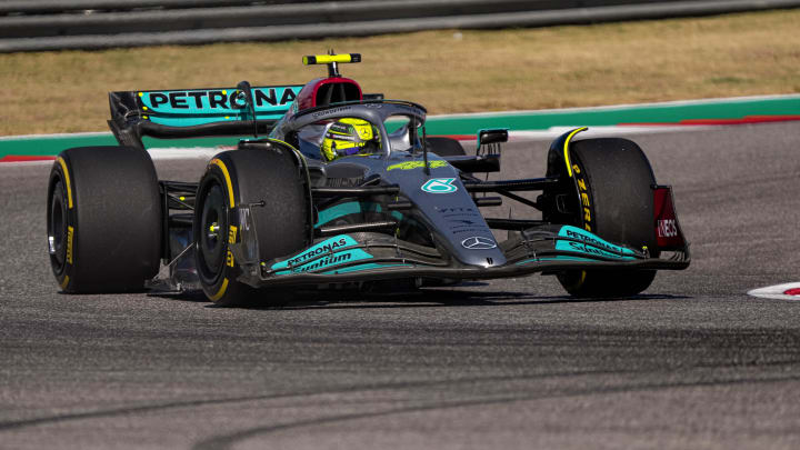 Oct 21, 2022; Austin, TX, USA; Mercedes AMG Petronas F1 driver Lewis Hamilton rounds turn 20 during practice for the Formula 1 Aramco United States Grand Prix at the Circuit of the Americas in Austin, Texas on Oct. 21, 2022. Mandatory Credit: Aaron E. Martinez-USA TODAY Sports