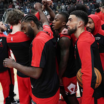 Jan 31, 2025; Toronto, Ontario, CAN: The Chicago Bulls players huddle before the start of a game against the Toronto Raptors at Scotiabank Arena. Mandatory Credit: Nick Turchiaro-Imagn Images