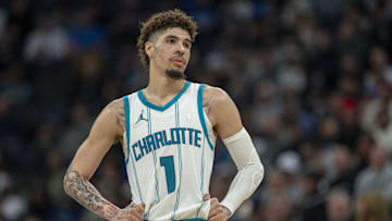 Nov 4, 2024; Minneapolis, Minnesota, USA; Charlotte Hornets guard LaMelo Ball (1) looks on against the Minnesota Timberwolves in the first half at Target Center. Mandatory Credit: Jesse Johnson-Imagn Images