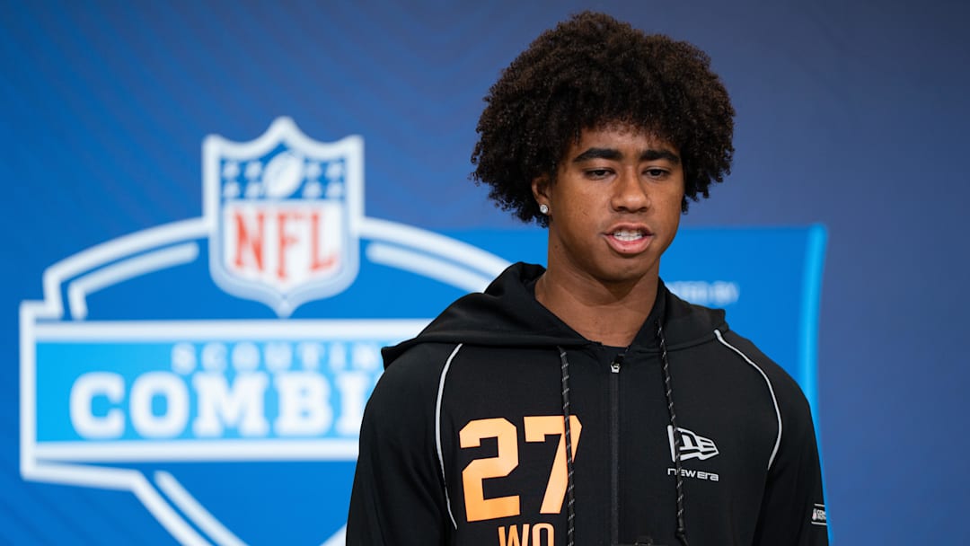 Feb 27, 2026; Indianapolis, IN, USA; Southern California wideout Ja'Kobi Lane (WO27) speaks to members of the media during the NFL Combine at the Indiana Convention Center. Mandatory Credit: Jacob Musselman-Imagn Images