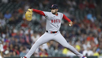 Aug 12, 2025; Houston, Texas, USA; Boston Red Sox relief pitcher Jovani Moran (47) delivers a pitch during the eighth inning against the Houston Astros at Daikin Park. Mandatory Credit: Troy Taormina-Imagn Images
