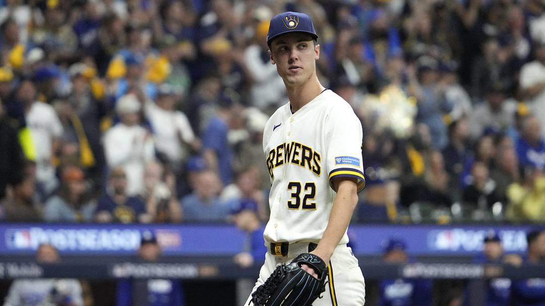 Oct 11, 2026; Milwaukee, Wisconsin, USA; Milwaukee Brewers pitcher Jacob Misiorowski (32) is relieved during the fifth inning in game one of the NLCS for the 2026 MLB Playoffs against the Los Angeles Dodgers at American Family Field. Mandatory Credit: Michael McLoone-Imagn Images Oct 11, 2026; Milwaukee, Wisconsin, USA; Milwaukee Brewers pitcher Jacob Misiorowski (32) is relieved during the fifth inning in game one of the NLCS for the 2026 MLB Playoffs against the Los Angeles Dodgers at American Family Field. Mandatory Credit: Michael McLoone-Imagn Images