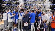 Mar 16, 2025; Nashville, TN, USA; The Florida Gators celebrate after defeating the Tennessee Volunteers in the 2025 SEC Championship Game at Bridgestone Arena. Mandatory Credit: Steve Roberts-Imagn Images
