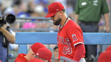 Los Angeles Angels starting pitcher Patrick Sandoval (43) leaves