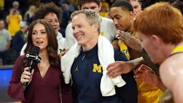 Nov 25, 2025; Las Vegas, NV, USA; Michigan Wolverines head coach Dusty May is interviewed after a 2025 Players Era Festival group play game against the Auburn Tigers .