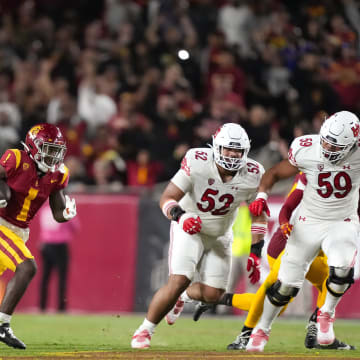 Oct 21, 2023; Los Angeles, California, USA; Southern California Trojans wide receiver Zachariah Branch (1) carries the ball on a punt return against the Utah Utes in the second half at United Airlines Field at Los Angeles Memorial Coliseum. Mandatory Credit: Kirby Lee-USA TODAY Sports