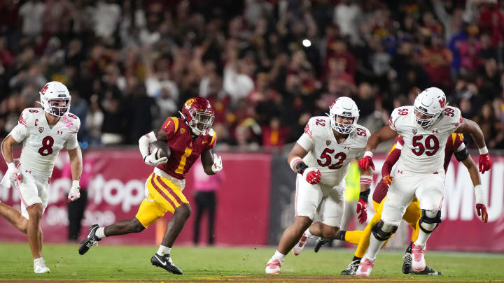 Oct 21, 2023; Los Angeles, California, USA; Southern California Trojans wide receiver Zachariah Branch (1) carries the ball on a punt return against the Utah Utes in the second half at United Airlines Field at Los Angeles Memorial Coliseum. Mandatory Credit: Kirby Lee-USA TODAY Sports