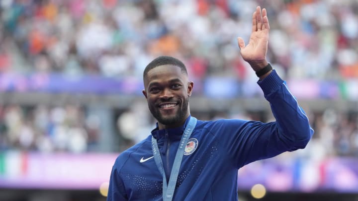 Aug 10, 2024; Saint-Denis, FRANCE;  Gold medalist Rai Benjamin (USA) during the men's 400m hurdles medal ceremony during the Paris 2024 Olympic Summer Games at Stade de France.  