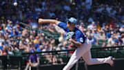 Mar 21, 2025; Mesa, Arizona, USA; Chicago Cubs pitcher Cade Horton throws against the San Diego Padres in the first inning at Sloan Park.