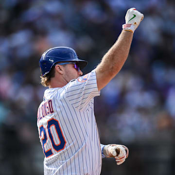 Sep 21, 2025; New York City, New York, USA; New York Mets first baseman Pete Alonso (20) reacts after hitting a single against the Washington Nationals during the eighth inning at Citi Field. Mandatory Credit: John Jones-Imagn Images