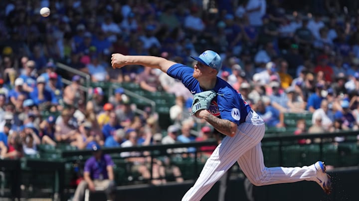 Chicago Cubs pitcher Cade Horton throws against the San Diego Padres in the first inning at Sloan Park on March 21. Chicago Cubs pitcher Cade Horton throws against the San Diego Padres in the first inning at Sloan Park on March 21.
