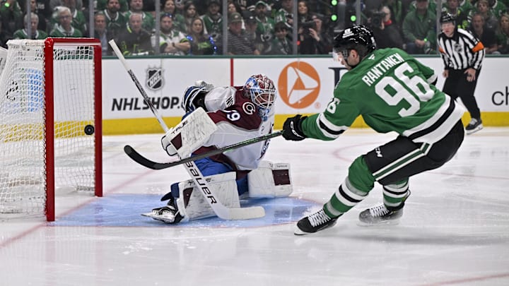 Mikko Rantanen and Mackenzie Blackwood. Mandatory Credit: Jerome Miron-Imagn Images