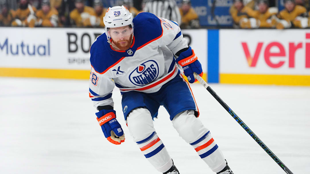 May 6, 2025; Las Vegas, Nevada, USA; Edmonton Oilers right wing Connor Brown (28) skates against the Vegas Golden Knights during the first period of game one of the second round of the 2025 Stanley Cup Playoffs at T-Mobile Arena. Mandatory Credit: Stephen R. Sylvanie-Imagn Images