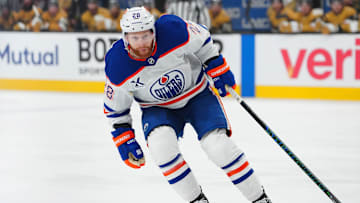 May 6, 2025; Las Vegas, Nevada, USA; Edmonton Oilers right wing Connor Brown (28) skates against the Vegas Golden Knights during the first period of game one of the second round of the 2025 Stanley Cup Playoffs at T-Mobile Arena. Mandatory Credit: Stephen R. Sylvanie-Imagn Images