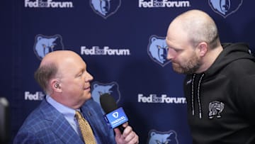 Dec 15, 2024; Los Angeles, California, USA; FanDuel Sports Network play-by-play announcer Paul Pranica (left) interviews Memphis Grizzlies coach Taylor Jenkins at Crypto.com Arena.