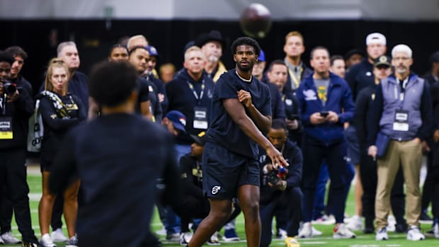 Apr 4, 2025; Boulder, CO, USA; Colorado Buffaloes quarterback Shedeur Sanders (2) passes the ball at the University of Colora