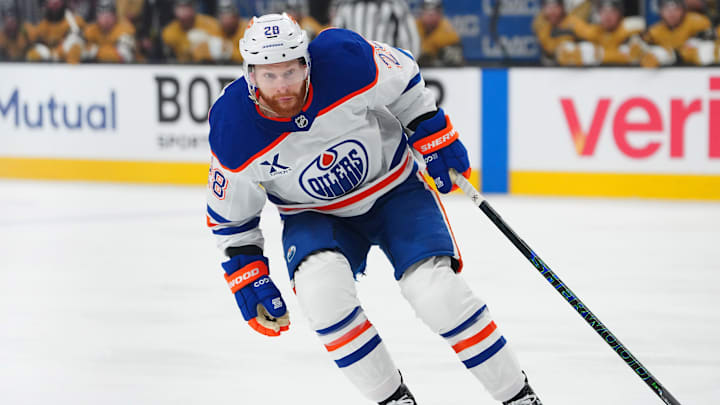 May 6, 2025; Las Vegas, Nevada, USA; Edmonton Oilers right wing Connor Brown (28) skates against the Vegas Golden Knights during the first period of game one of the second round of the 2025 Stanley Cup Playoffs at T-Mobile Arena. Mandatory Credit: Stephen R. Sylvanie-Imagn Images