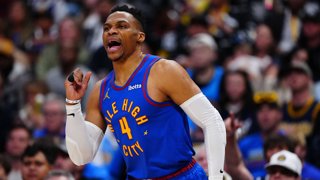 Apr 19, 2025; Denver, Colorado, USA; Denver Nuggets guard Russell Westbrook (4) reacts to his three point basket in the fourth quarter against the LA Clippers at Ball Arena. Mandatory Credit: Ron Chenoy-Imagn Images Apr 19, 2025; Denver, Colorado, USA; Denver Nuggets guard Russell Westbrook (4) reacts to his three point basket in the fourth quarter against the LA Clippers at Ball Arena. Mandatory Credit: Ron Chenoy-Imagn Images