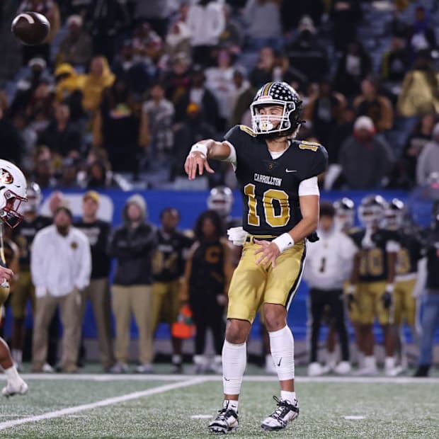 USC commit Julian Lewis throws a pass for Carrollton (Georgia) vs. Mill Creek during the 2023 high school football season.