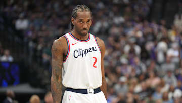 Apr 11, 2025; Sacramento, California, USA; Los Angeles Clippers forward Kawhi Leonard (2) during the first quarter against the Sacramento Kings at Golden 1 Center. Mandatory Credit: Darren Yamashita-Imagn Images