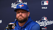 Toronto Blue Jays manager John Schneider (14) speaks in a press conference before game four of the 2025 MLB World Series against the Los Angeles Dodgers at Dodger Stadium on Tuesday.
