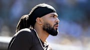 Sep 28, 2025; San Diego, California, USA; San Diego Padres right fielder Fernando Tatis Jr. (23) looks on during the seventh inning against the Arizona Diamondbacks at Petco Park. Mandatory Credit: Denis Poroy-Imagn Images