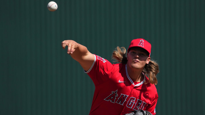 Mar 3, 2024; Tempe, Arizona, USA; Los Angeles Angels pitcher Caden Dana (91) pitches against the Chicago White Sox during the first inning at Tempe Diablo Stadium. Mandatory Credit: Joe Camporeale-USA TODAY Sports