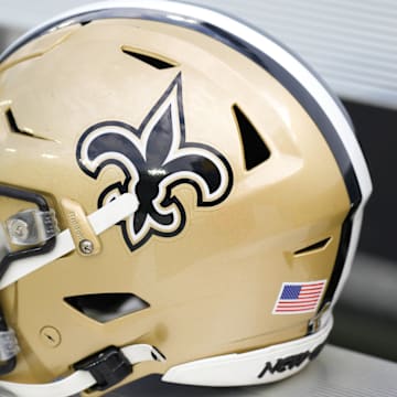 Sep 24, 2023; Green Bay, Wisconsin, USA;  An New Orleans Saints helmet during warmups prior to the game against the Green Bay Packers at Lambeau Field. Mandatory Credit: Jeff Hanisch-Imagn Images